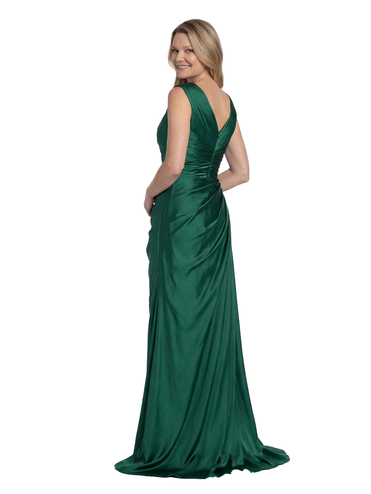 Chicsew V-Neck Sleeveless Ruched A-Line Floor Length Satin Elegant Mother of the Bride Dresses