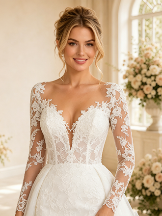 ChicSew Elegant V-Neck Long Sleeves Lace Open Back Mermaid Long Wedding Dress
