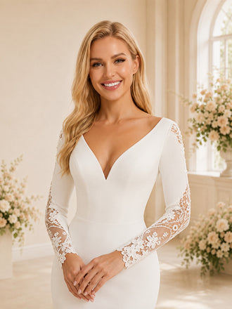 ChicSew Elegant V-Neck Long Sleeve Crepe Mermaid Foor-Length Wedding Dress With Train