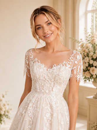 ChicSew Delicate Short Sleeve Lace Wedding Dress Lovely Tea-Length A-Line With Illusion