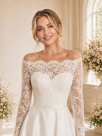 ChicSew Elegant Off Shoulder Lace Wedding Dress Classic A-Line Bridal Gown With 3/4 Sleeves And Train