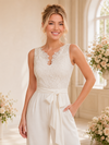 ChicSew Sleeveless Lace Bridal Jumpsuit Modern V Neck Wedding Outfit With Waist Sash And Wide Leg Pants