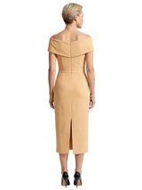 Chicsew Mother of The Bride Dress Classy Off Shoulder Crepe Sheath Midi Gown Modern Wrap Detail