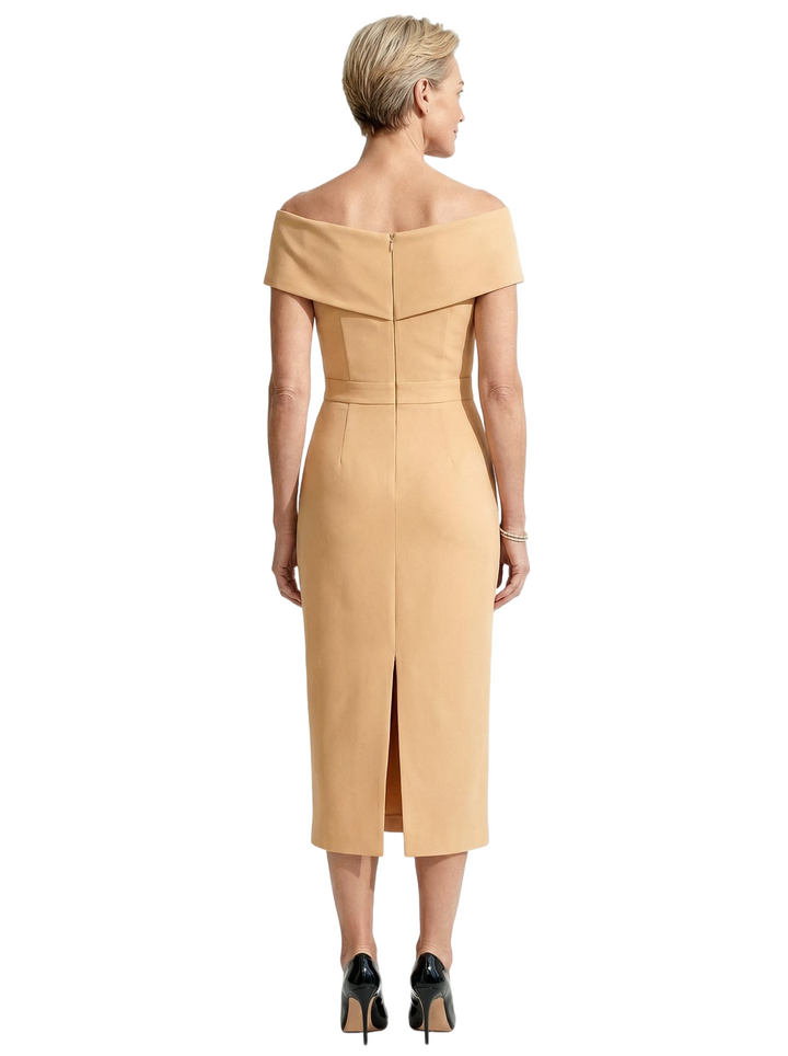 Chicsew Mother of The Bride Dress Classy Off Shoulder Crepe Sheath Midi Gown Modern Wrap Detail