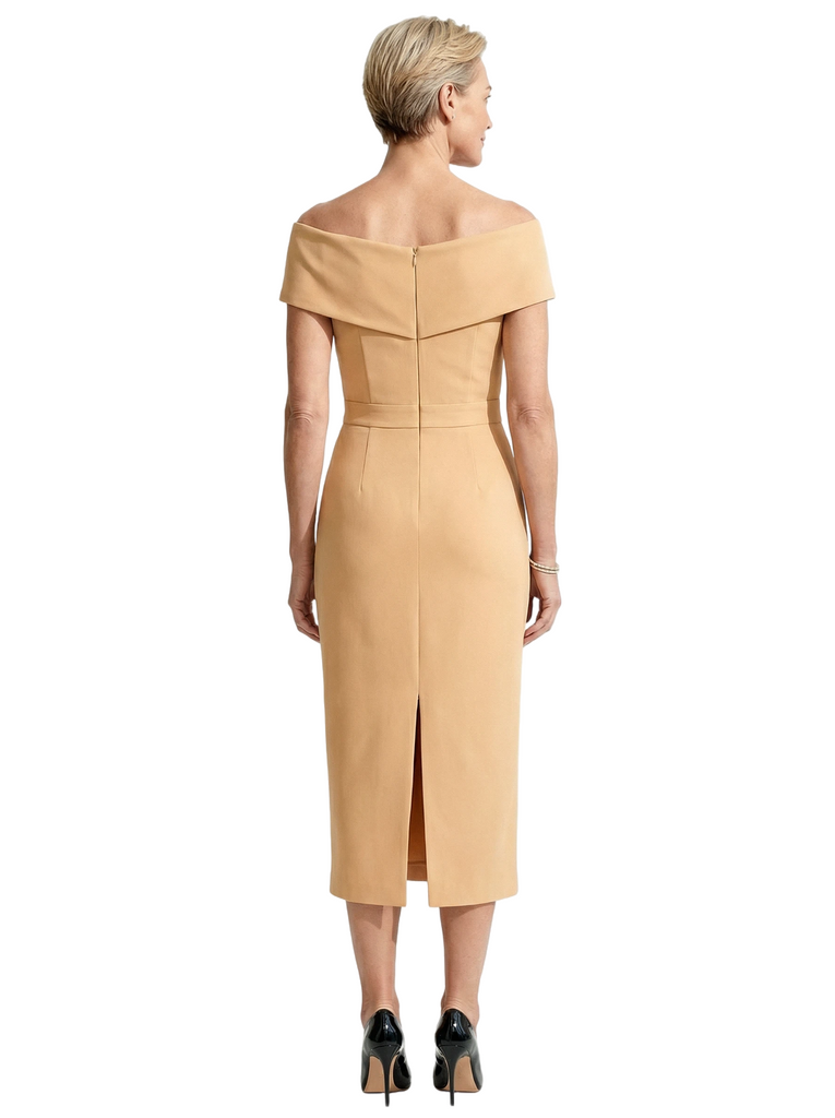 Chicsew Mother of The Bride Dress Classy Off Shoulder Crepe Sheath Midi Gown Modern Wrap Detail