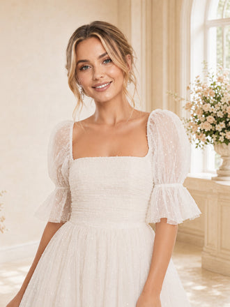 ChicSew A-line Half Sleeves Square Mini Tulle Short Wedding Dresses Online