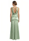 Elegant Jacquard Satin Cowl Sleeveless Sheath Long Formal Evening Dresses