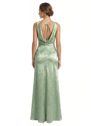 Elegant Jacquard Satin Cowl Sleeveless Sheath Long Formal Evening Dresses