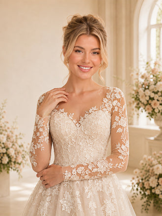 ChicSew Romantic Long Sleeves V-Neck Glitter Tulle Lace Appliques A-Line Wedding Dresses