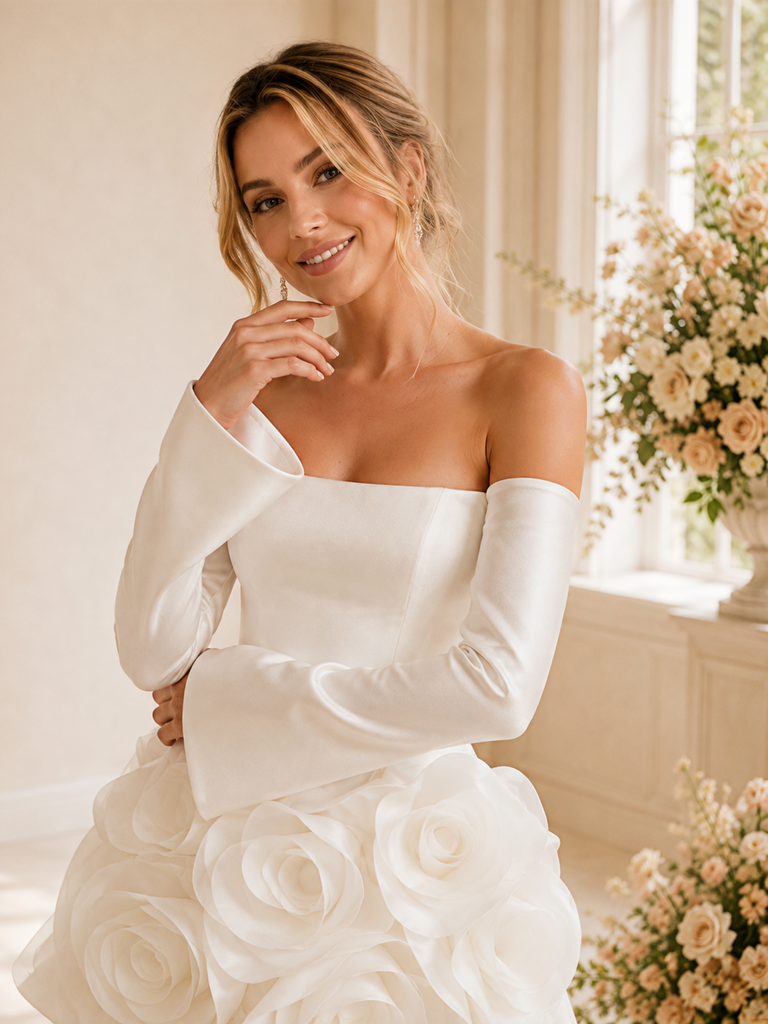 ChicSew Pretty Unique Satin Strapless Sheath Mini-Length Wedding Dresses With 3D Floral Applique