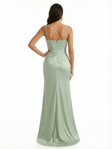 Elegant V-Neck Boning Silky Satin Mermaid Long Evening Gown Dresses For Women
