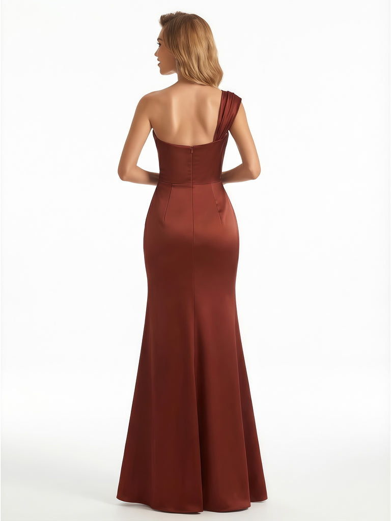 Elegant One Shoulder Lace Applique Ruched Satin Mermaid Maxi Evening Gown Dresses For Women