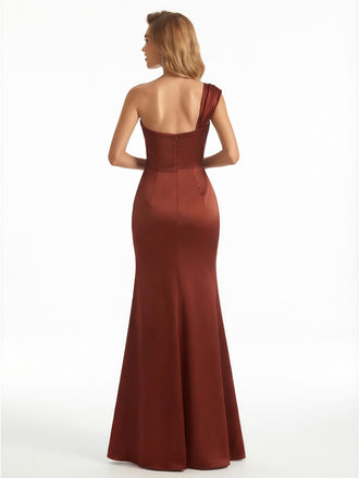 Elegant One Shoulder Lace Applique Ruched Satin Mermaid Maxi Evening Gown Dresses For Women