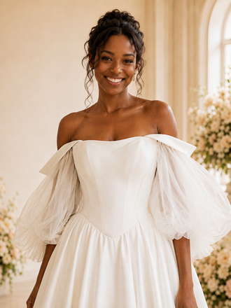 ChicSew Classy Unique Strapless Crepe A-Line Maxi Long Wedding Dress With Tulle Sleeves