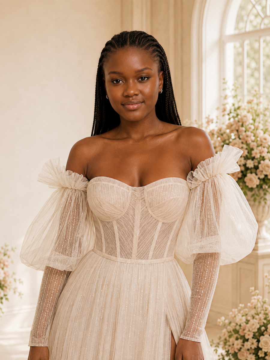 ChicSew Unique Strapless Long Sleeves A-Line Glitter Tulle Maxi Wedding Dress With Boning