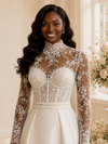 ChicSew Elegant High Neck Long Sleeves Lace Satin Maxi Wedding Dress With Boning
