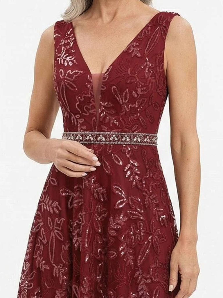 ChicSew V-Neck Sequins Lace Applique Beaded Waist Floor Length Chiffon Formal Gown Mother Of The Bride Dresses