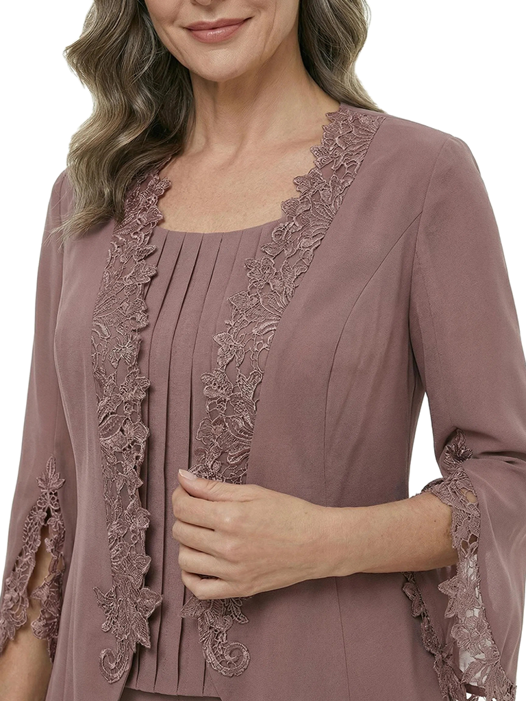 ChicSew Modern Chiffon Mother Of The Bride Pant Suits With Lace Trimmed Bell Sleeves