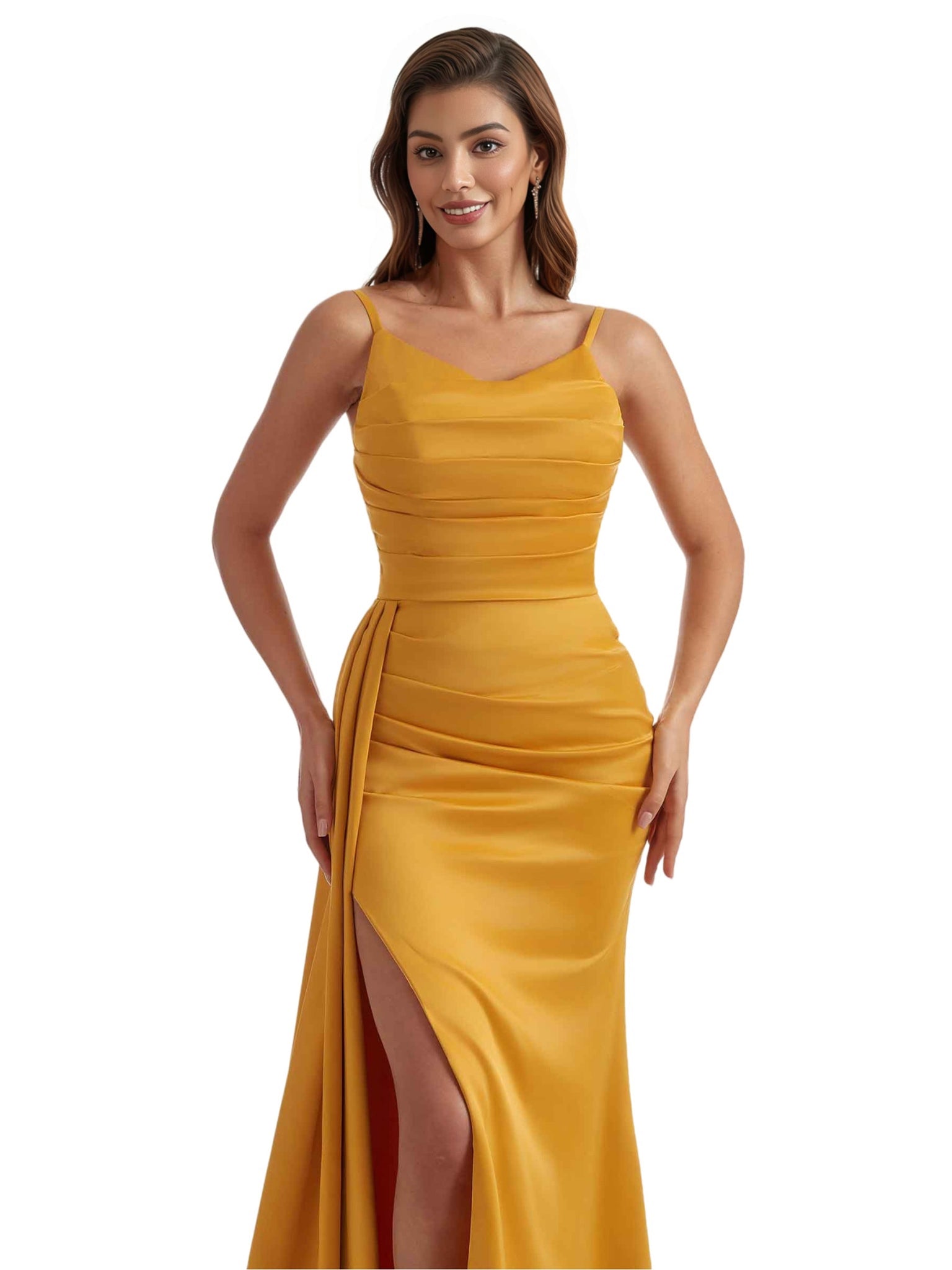 Elegant Side Slit Mermaid Ruched Satin Formal Long Bridesmaid Dresses Spaghetti Strap