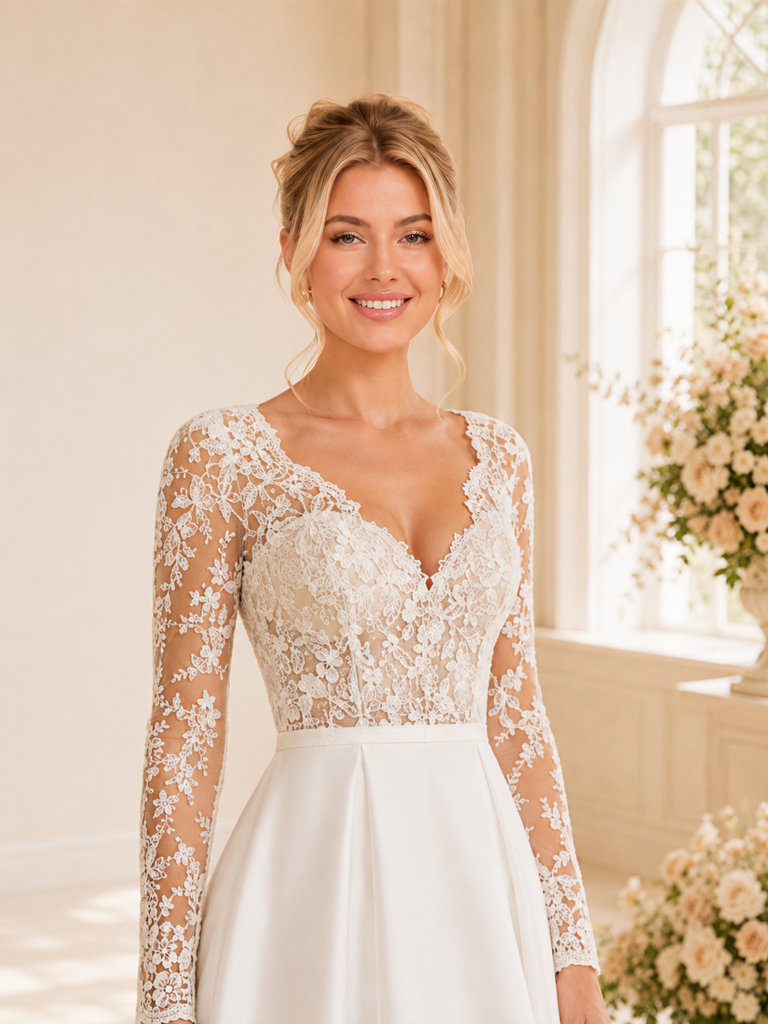 ChicSew Classy V-Neck Long Sleeves Lace Satin A-Line Long Wedding Dress