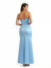 Elegant Sweetheart Mermaid Silky Ruched Satin Long Formal Dresses Strapless Side Slit