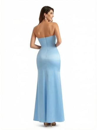 Elegant Sweetheart Mermaid Silky Ruched Satin Long Formal Dresses Strapless Side Slit