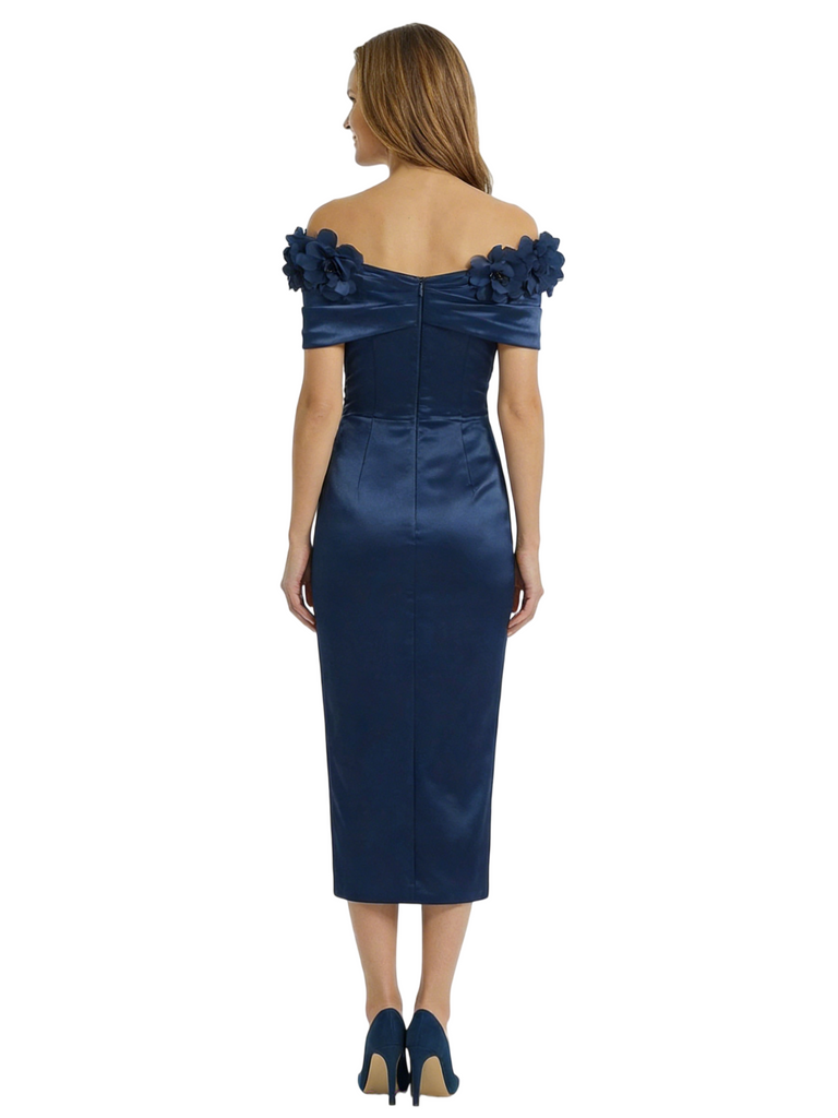 Chicsew Modern Off Shoulder Soft Satin Sheath Ruched Mother Of The Groom Tea-Length Dress