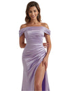 Elegant Off The Shoulder Split Mermaid Ruched Satin Women's Long Bridesmaid Dresses