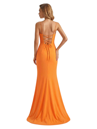 Trendy V-Neck Spaghetti Straps Jersey Mermaid Floor Length Evening Formal Dresses