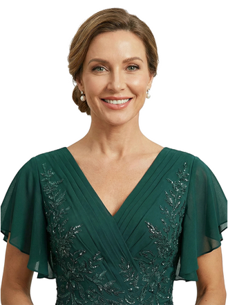 ChicSew V-Neck Flutter Sleeve Beaded Lace Applique A-Line Floor Length Chiffon Flowy Romantic Mother Of The Bride And Groom Dresses