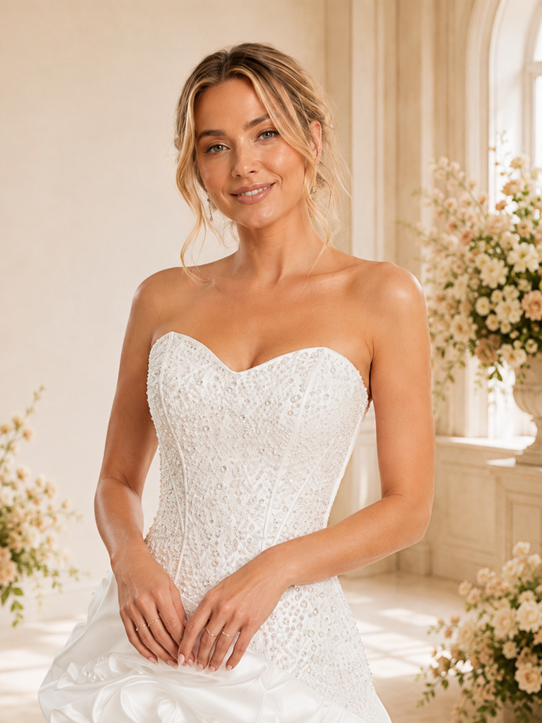 ChicSew Fancy Sweetheart Satin Ruffled Long A-Line Wedding Dress With Beading
