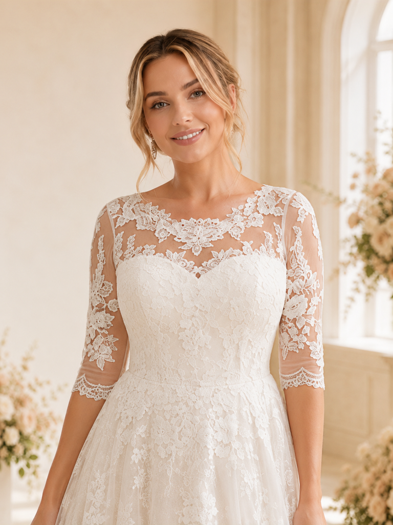 ChicSew Elegant Jewel Half Sleeves Lace Tulle Maxi Long A-Line Wedding Dress