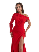 Sexy Asymmetric Mermaid Side Slit One Sleeve Crepe Long Bridesmaid Dress For Wedding