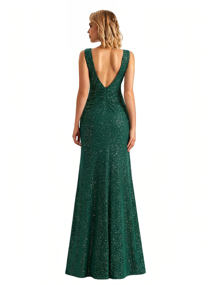 Shiny V-neck Mermaid Glitter Jersey Side Slit Ruffle Maxi Formal Dresses For Women
