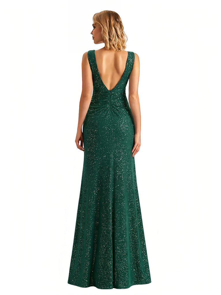Shiny V-neck Mermaid Glitter Jersey Side Slit Ruffle Maxi Formal Dresses For Women