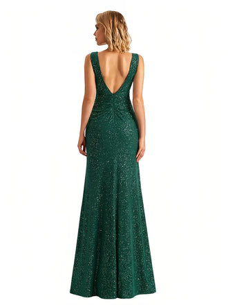 Shiny V-neck Mermaid Glitter Jersey Side Slit Ruffle Maxi Formal Dresses For Women