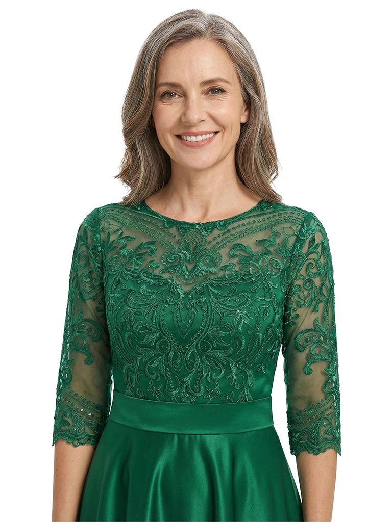 ChicSew Jewel 3/4 Sleeve Lace Applique Satin Tea Length Elegant Mother of the Bride Dresses
