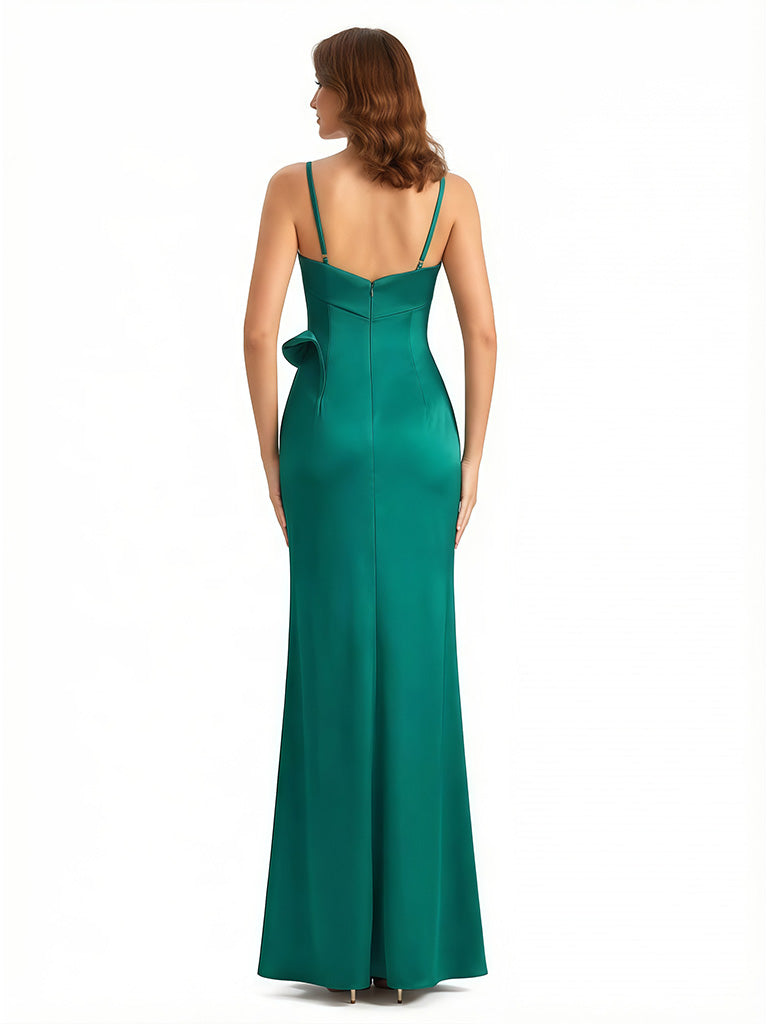 Sexy Spaghetti Straps Silky Satin Mermaid Long Evening Gown Dresses For Women