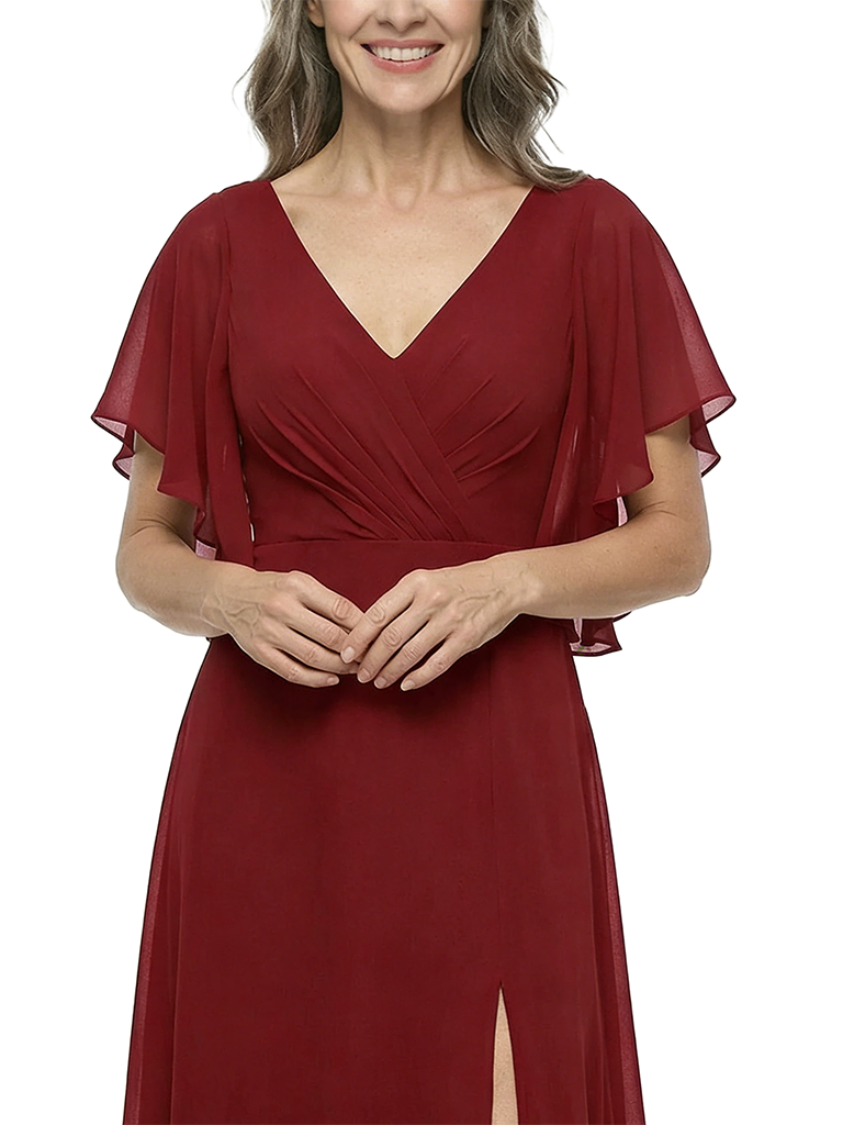 ChicSew V-Neck A-Line Chiffon Mother Of The Bride Dresses With Flutter Sleeves Side Slit Floor-Length