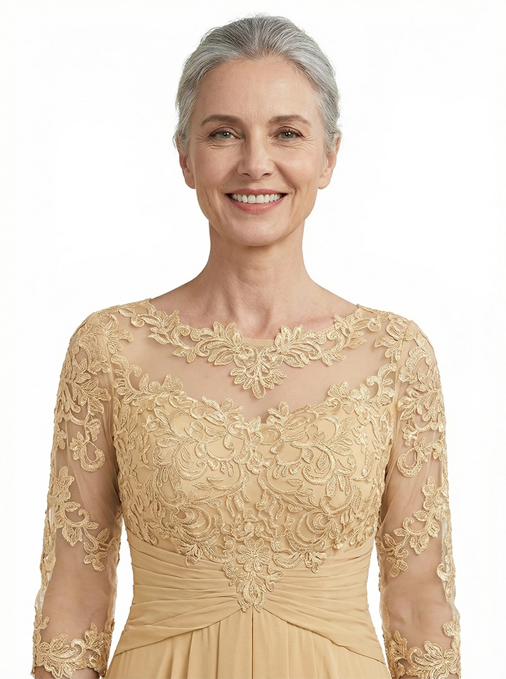 ChicSew Beautiful High-Low Long Sleeve Chiffon Ruffle Mother Of The Bride Dress With Illusion Lace Bodice