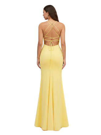 Sexy V-Neck Mermaid Jersey Long Formal Dresses For Women Side Slit Spaghetti Straps