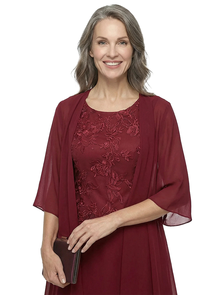 ChicSew Jewel 3/4 Sleeve Chiffon Jacket Lace Tea Length Chiffon Mother Of The Bride And Groom Dresses