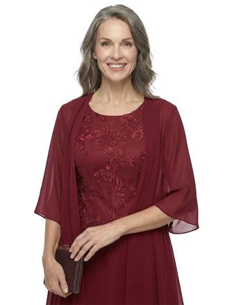 ChicSew Jewel 3/4 Sleeve Chiffon Jacket Lace Tea Length Chiffon Mother Of The Bride And Groom Dresses