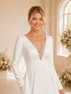 ChicSew Unique V-Neck Long Sleeves Satin A-Line Floor-Length Wedding Dresses With Lace