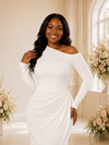ChicSew Modern Asymmetrical Neck Long Sleeves Crepe Ruched Long Mermaid Wedding Dress