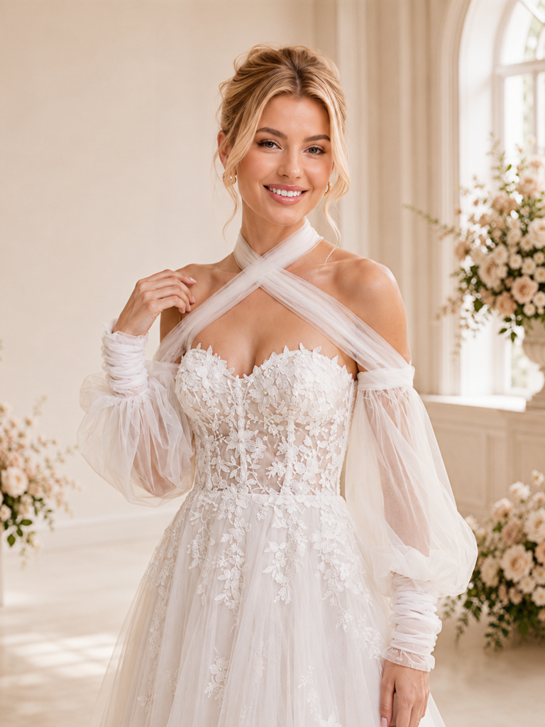 ChicSew Romantic Unique Halter Long Sleeves A-Line Boning Lace Tulle Maxi Wedding Dresses