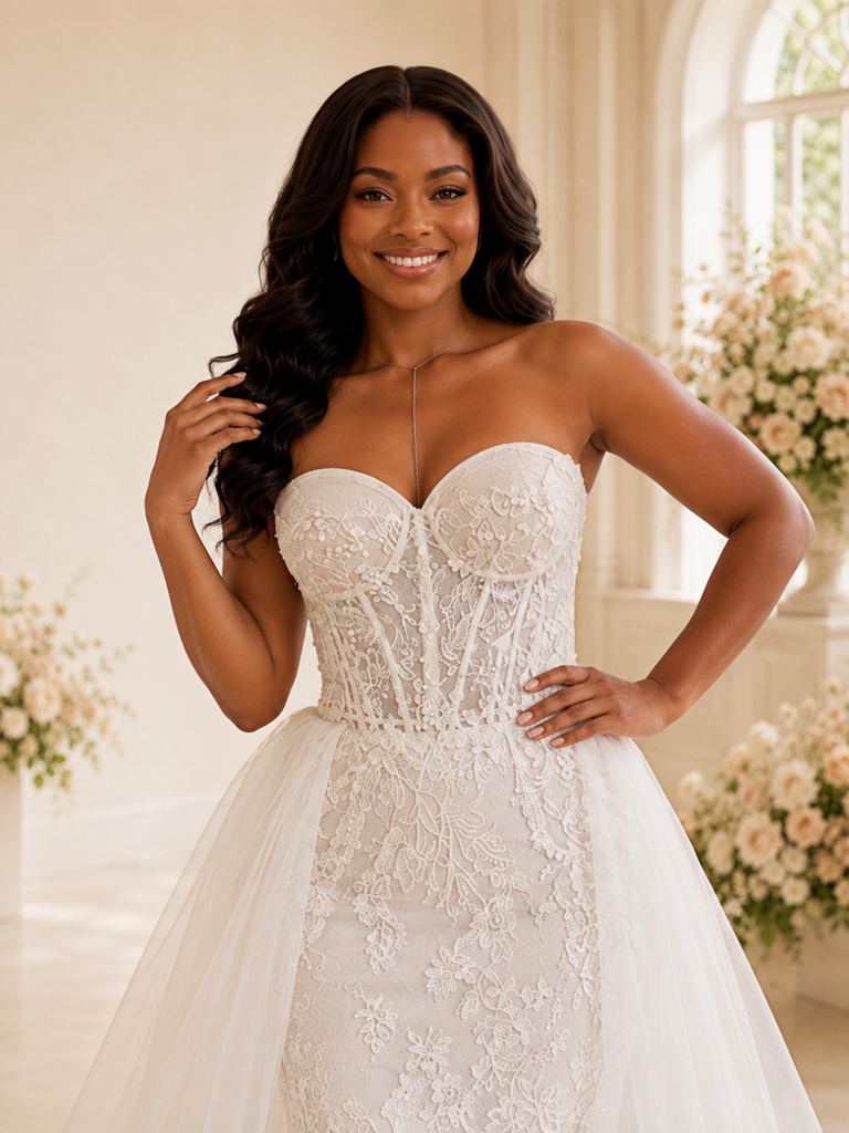 ChicSew Unique Sweetheart Lace Appliques Tulle Maxi Mermaid Wedding Dress With Overskirt
