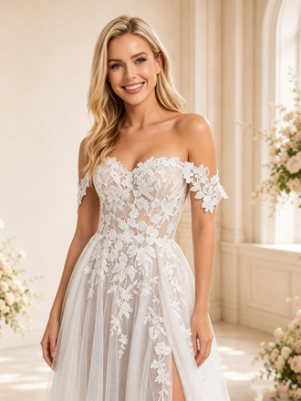 ChicSew Elegant A-Line Off The Shoulder Lace Tulle Long Wedding Dresses With Side Slit