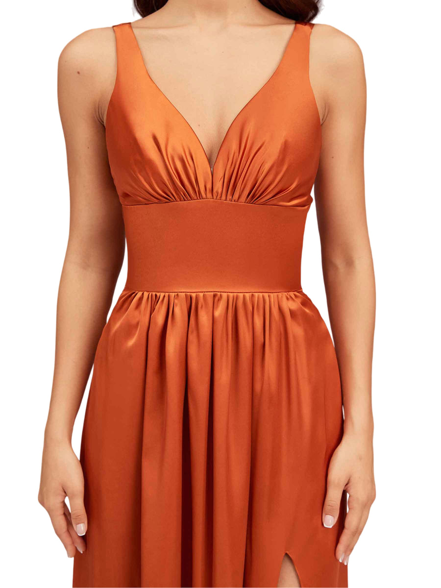 Sexy V-Neck Soft Satin A-Line Side Slit Long Bridesmaid Dresses Online