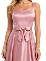 ChicSew Unique Square Neck Bow Tie A-Line Long Satin Flowy Wedding Bridesmaid Dresses